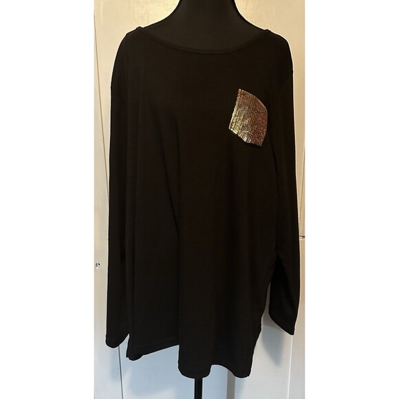 Quacker Factory Black Crew Neck Sequin Detail Pocket Long Sleeve Tunic Top 3X - Picture 1 of 5